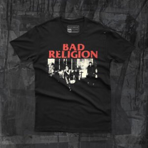 Playera negra de Bad Religion diseño logo Crossbuster frente serigrafía tacto cero transpirable.