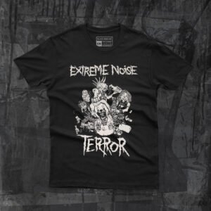 Playera negra de la banda Extreme Noise Terror diseño Filthkick In It For Life frente.