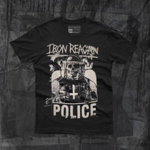 Playera negra de la banda Iron Reagan diseño Police frente serigrafía tacto cero transpirable.