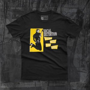 Playera negra de Social Distortion diseño Somewhere Between Heaven and Hell frente algodón.