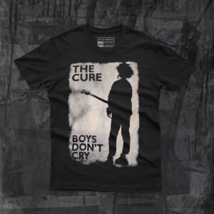 Playera negra de The Cure diseño Boys Don't Cry frente serigrafía tacto cero suave al tacto.