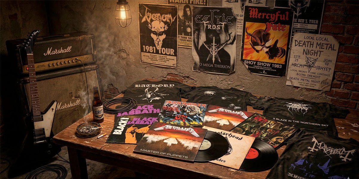 Colección de discos clásicos del heavy metal junto a playeras de bandas