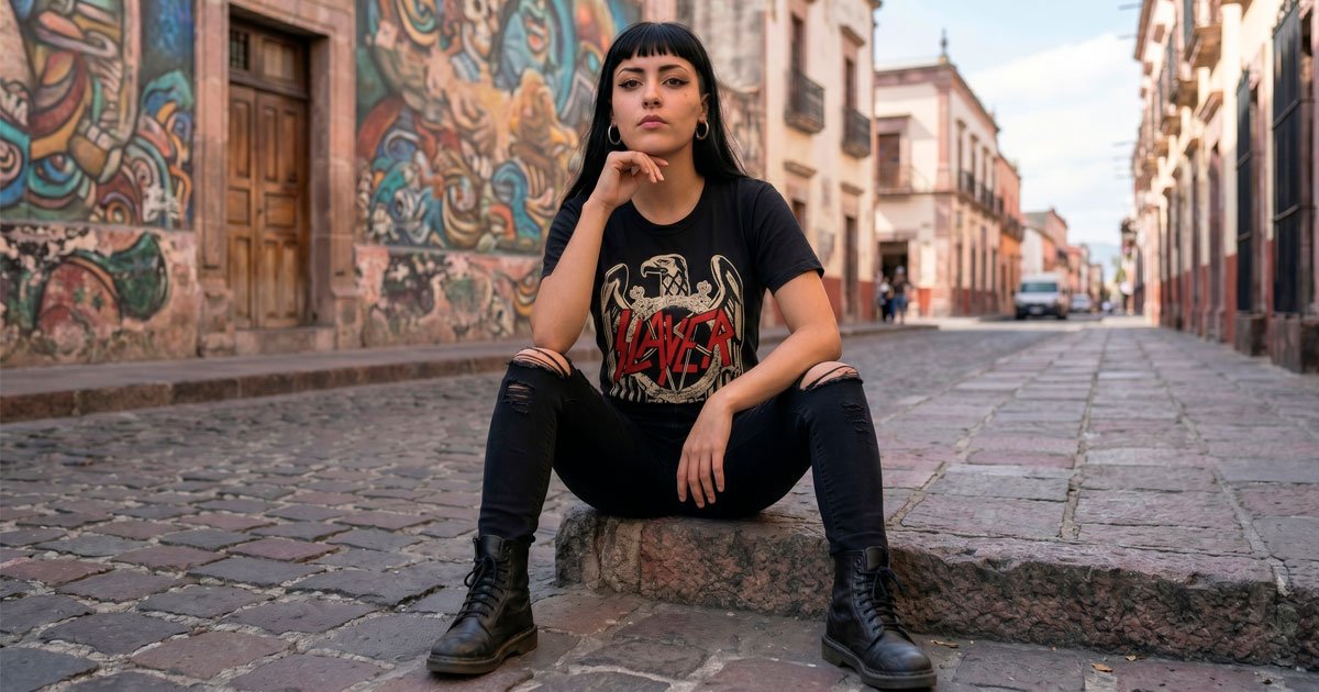 Persona usando playera de rock transpirable con serigrafía tacto cero.
